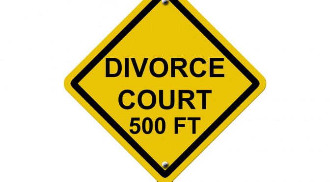 An American road warning sign isolated on white with word Divorce Court, Heading for Divorce Court